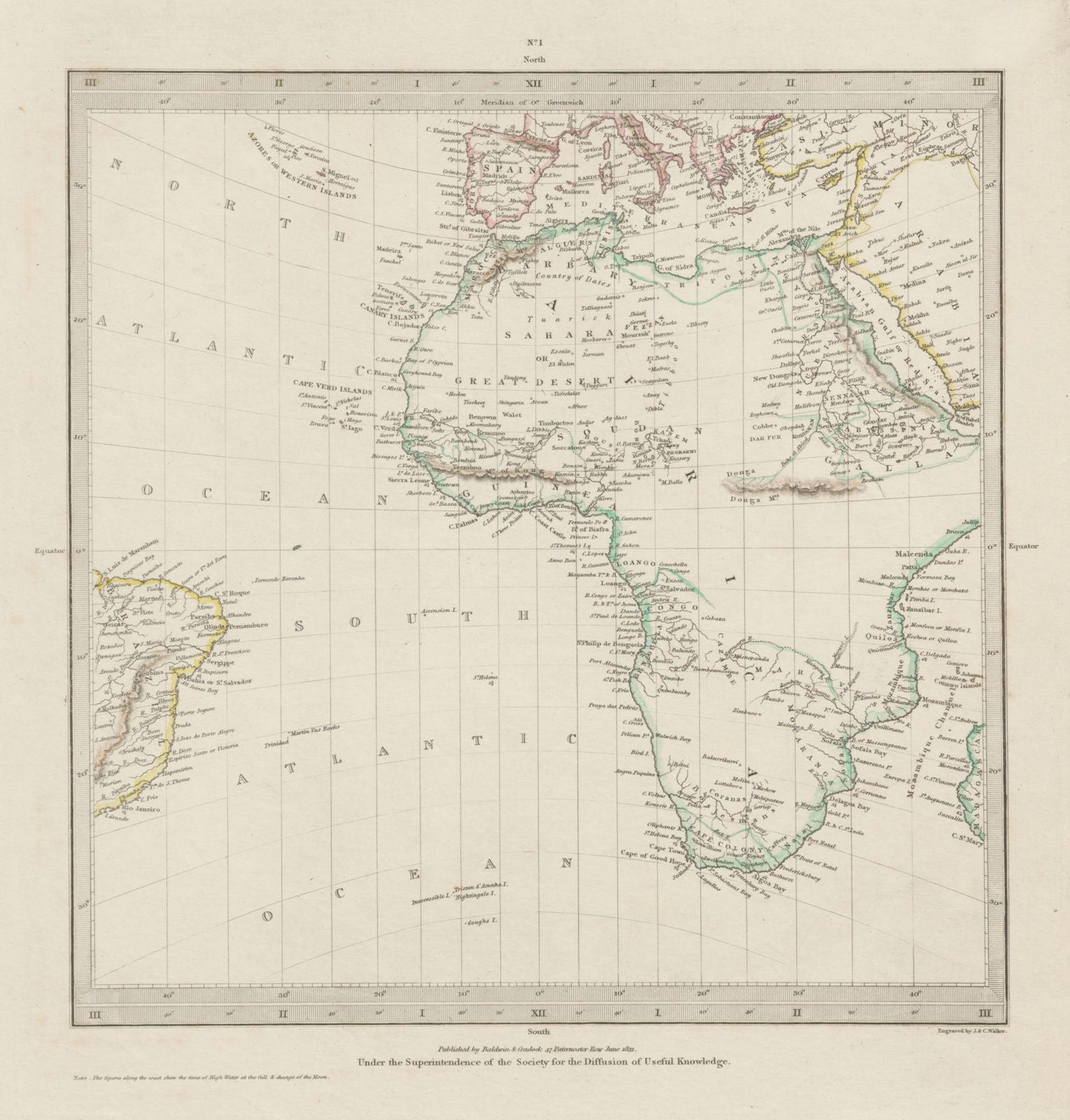 AFRICA.South Europe Brazil.Gnomonic Projection.Mountains of Kong SDUK 1844 map